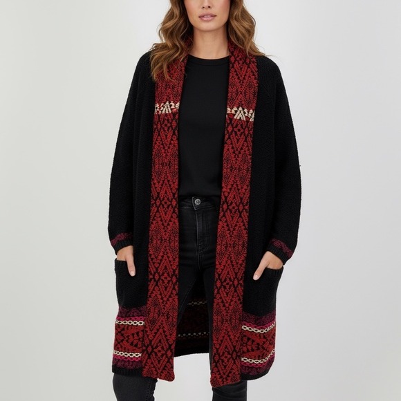 Lucky Brand Aztec Cardigan Sweater Chenille Texture Black Red Knit Boho Medium - Picture 1 of 8